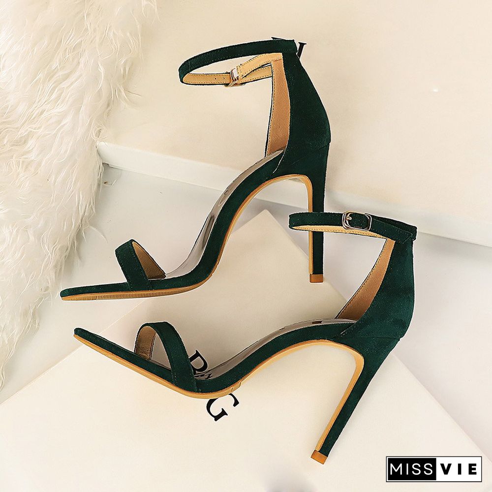 Women 10cm High Heels Flock Stripper Sandals Female Fetish Strappy Red Shoes Lady Valentine Green Summer Classic Sexy Pumps