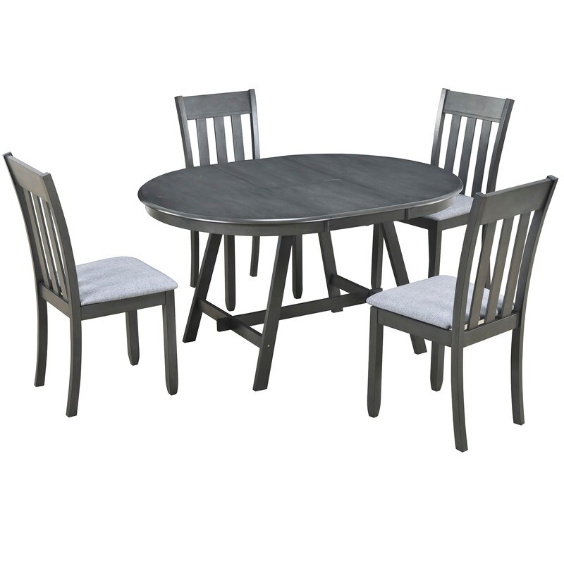 5 Piece Wooden Dining Table Set  Round Extendable Dining Table with 4 Dining Chairs