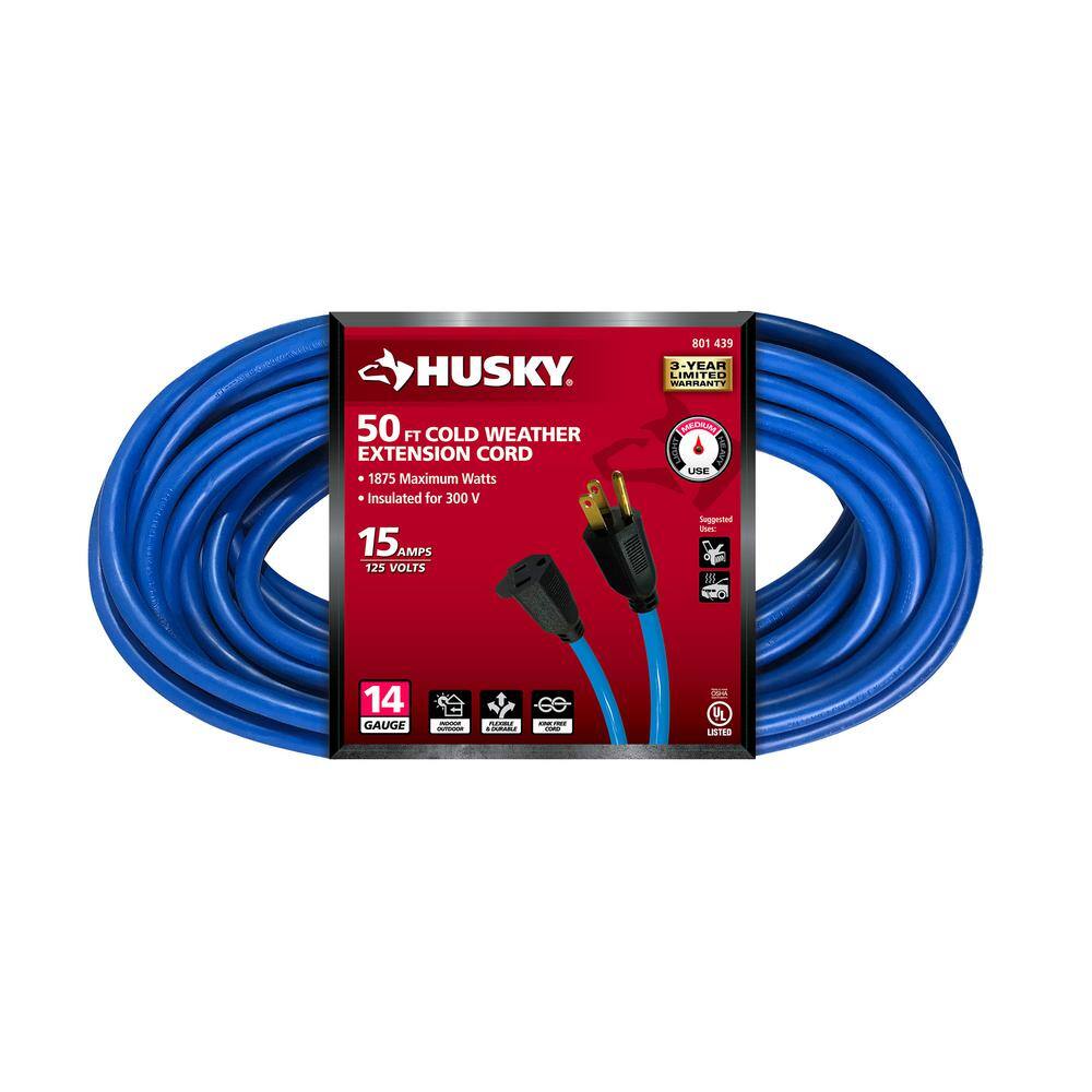 Husky 50 ft. 143 Medium Duty Cold Weather IndoorOutdoor Extension Cord Blue 83050HY