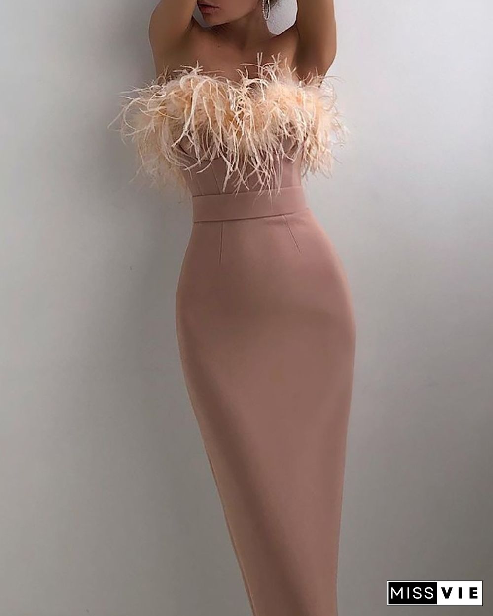 Feather Detail Bandeau Skinny Party Dress