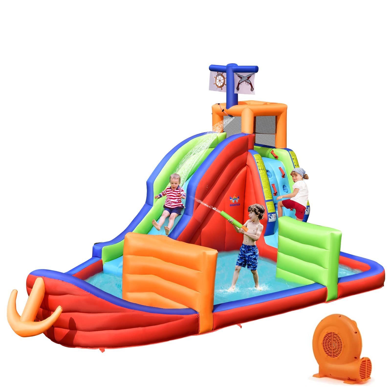 BOUNTECH Inflatable Water Slide, 6-in-1 Pirate Ship Long Waterslide Park for Kids