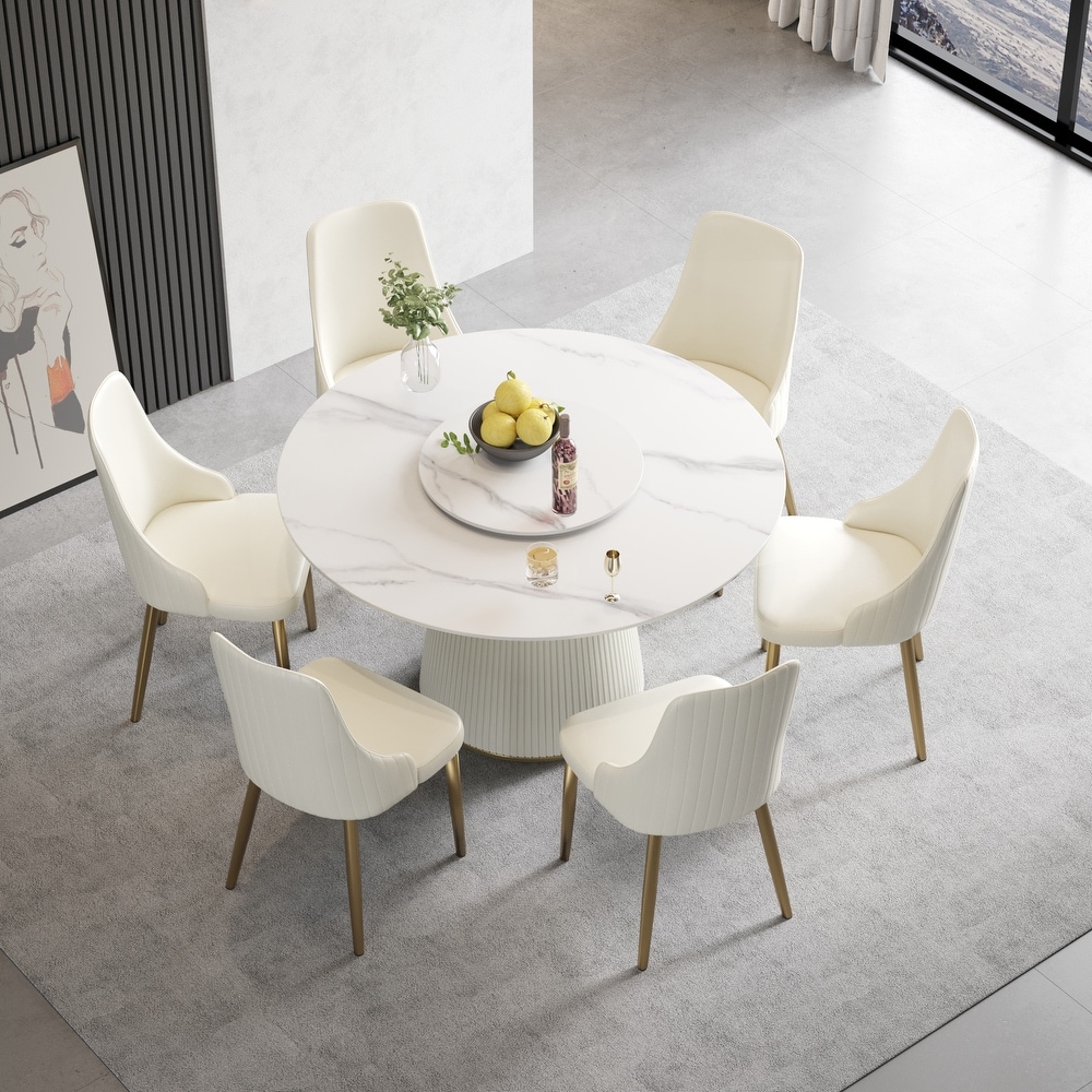 53'' Modern Round Dining Table  Marble Kitchen Table with Sintered Stone Tabletop and Steel Leather Base   N/A