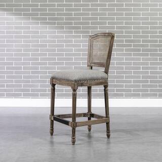 Jennifer Taylor Triomphe 26 in. Heathered Grey High Back Rattan Wicker Counter Bar Stool with Linen Seat 81220-MLH