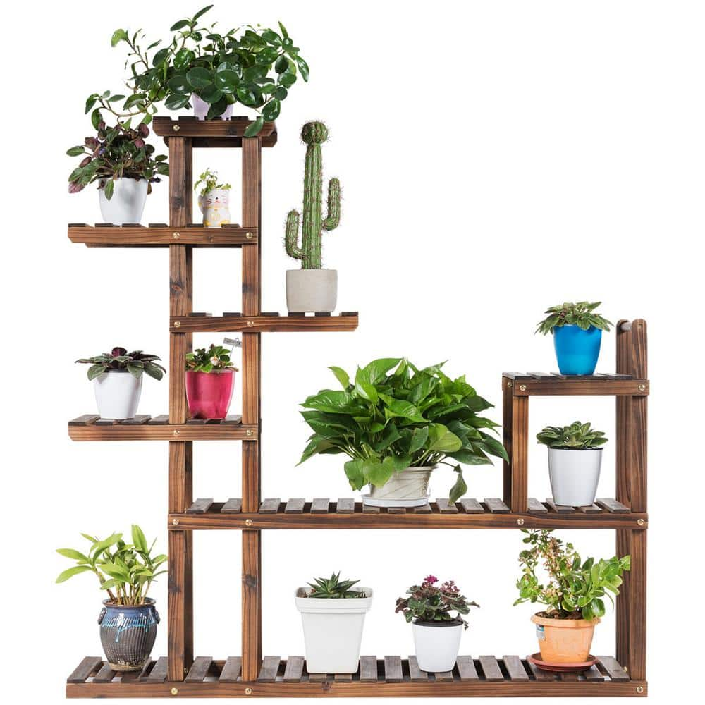 HONEY JOY 47.5 in. x 10 in. x 47.5 in. Indoor/Outdoor Brown Wood Plant Stand Rack with Hollow-Out Storage Shelf ( 7-Tier ) TOPB002602