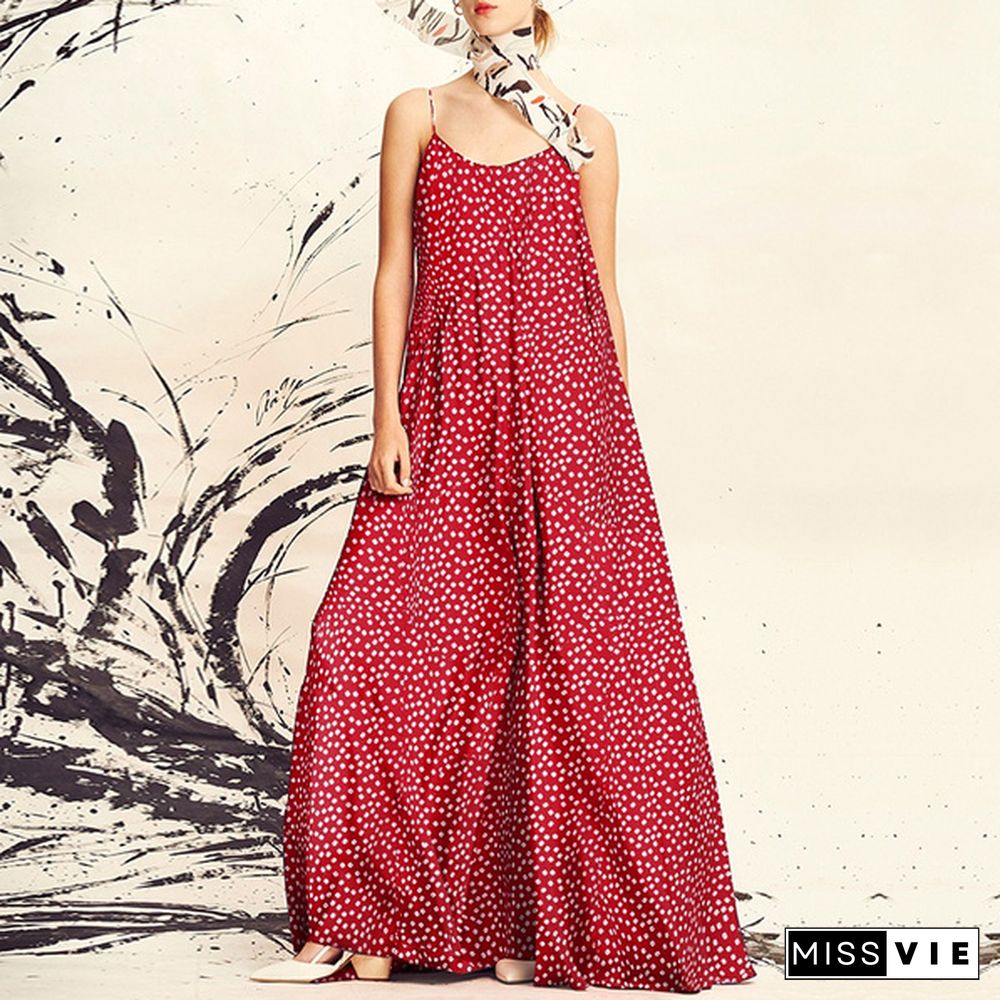 Summer Women Spaghetti Strap Long Dress Floral Print V Neck Sundress Holiday Party Casual Loose Maxi Dress Plus Size