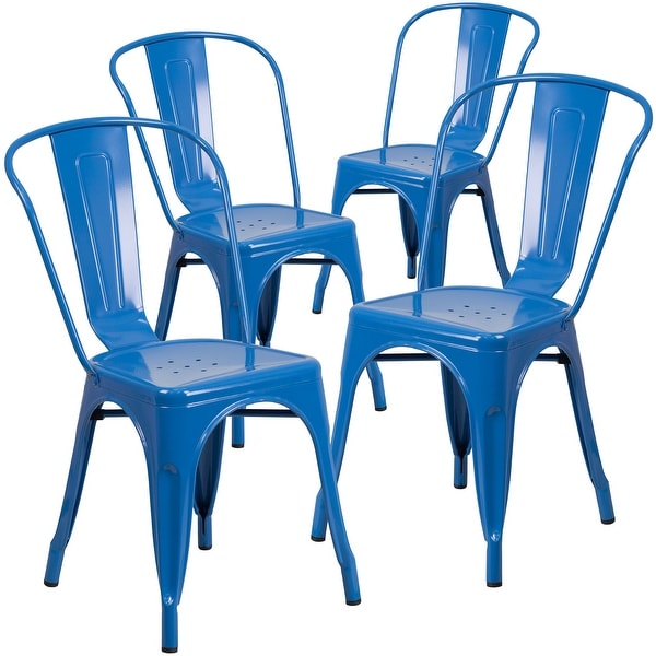 Commercial Grade 4 Pack Blue Metal Indoor-Outdoor Stackable Chair