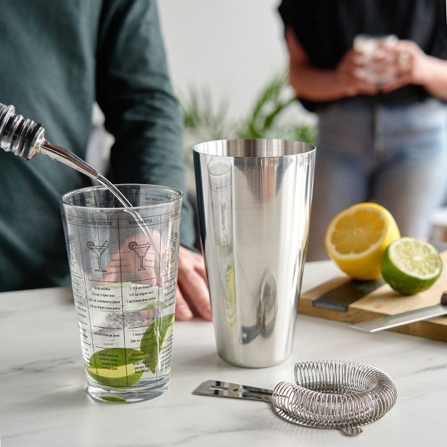 True 3 piece Barware Set With 7 Cocktail Recipes And Measurements Printed On Mixing Glass Glass And Stainless Steel Multicolor