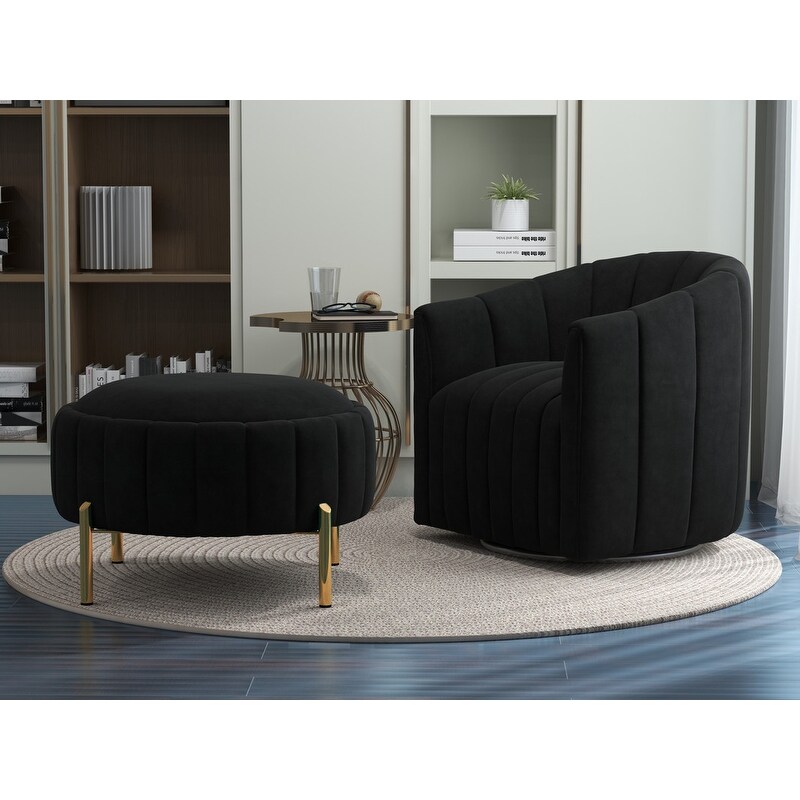 SEYNAR Contemporary Tufted Velvet Swivel Club Chair with Ottoman Set