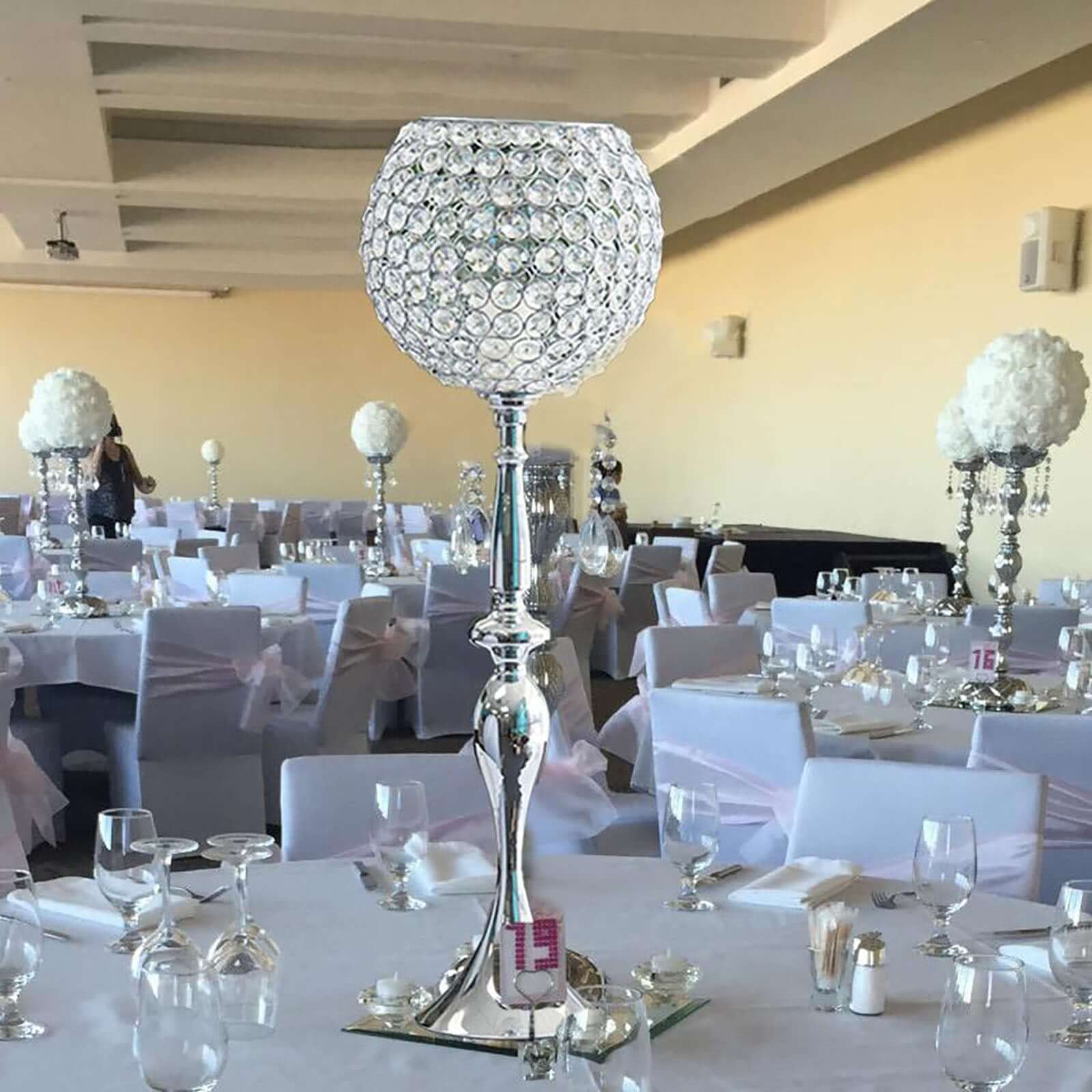 Silver Metal Acrylic Crystal Goblet Candle Holder, Flower Ball Stand 30