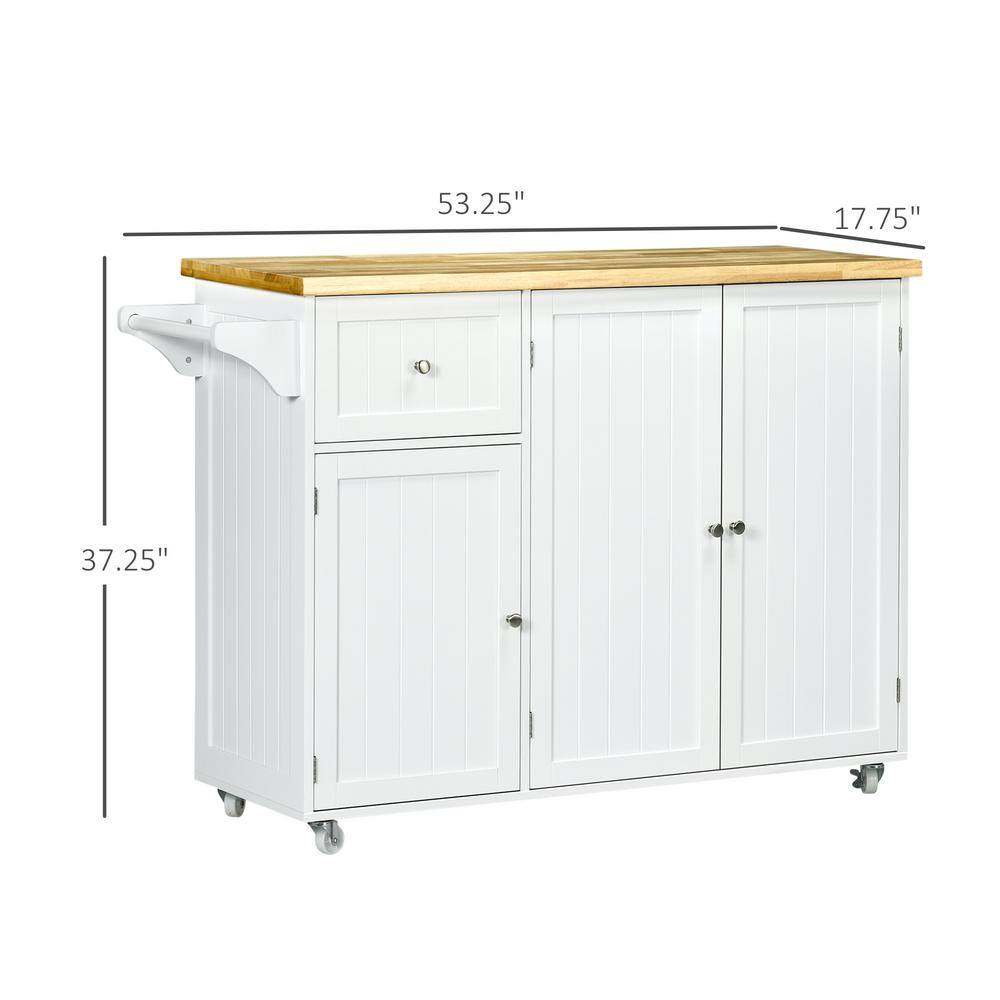 HOMCOM White Rolling Kitchen Island on Wheels Utility Serving Cart with Rubber Wood Top Towel Rack Cabinets and Drawer 801-301V00WT