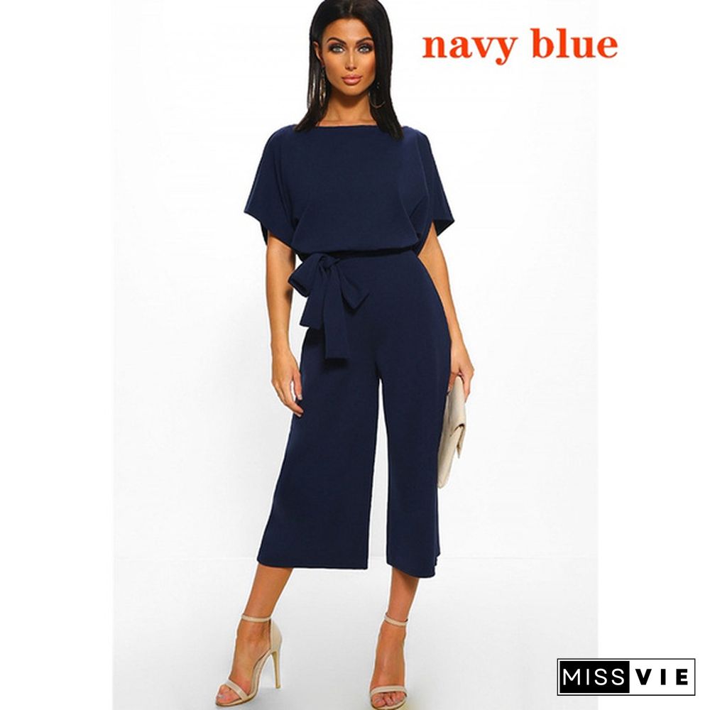 Women Casual Wide Leg Solid Color Business Wear Short Sleeve Jumpsuit