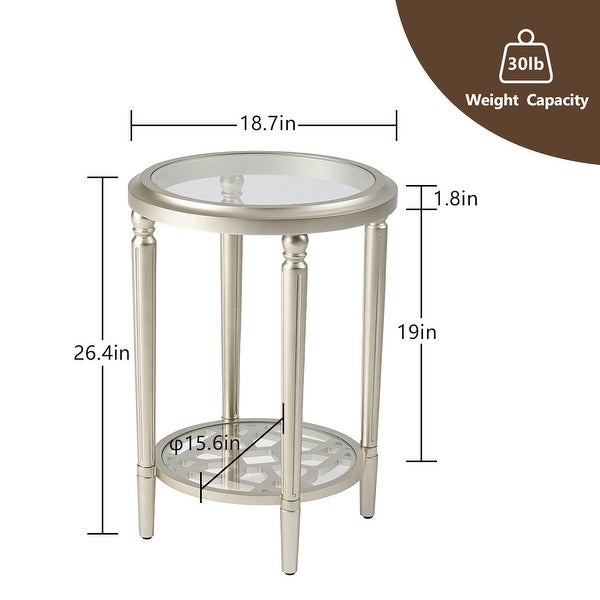 COSIEST 2-Tier Sliver Round Tempered Glass Side Table with Storage Shelf