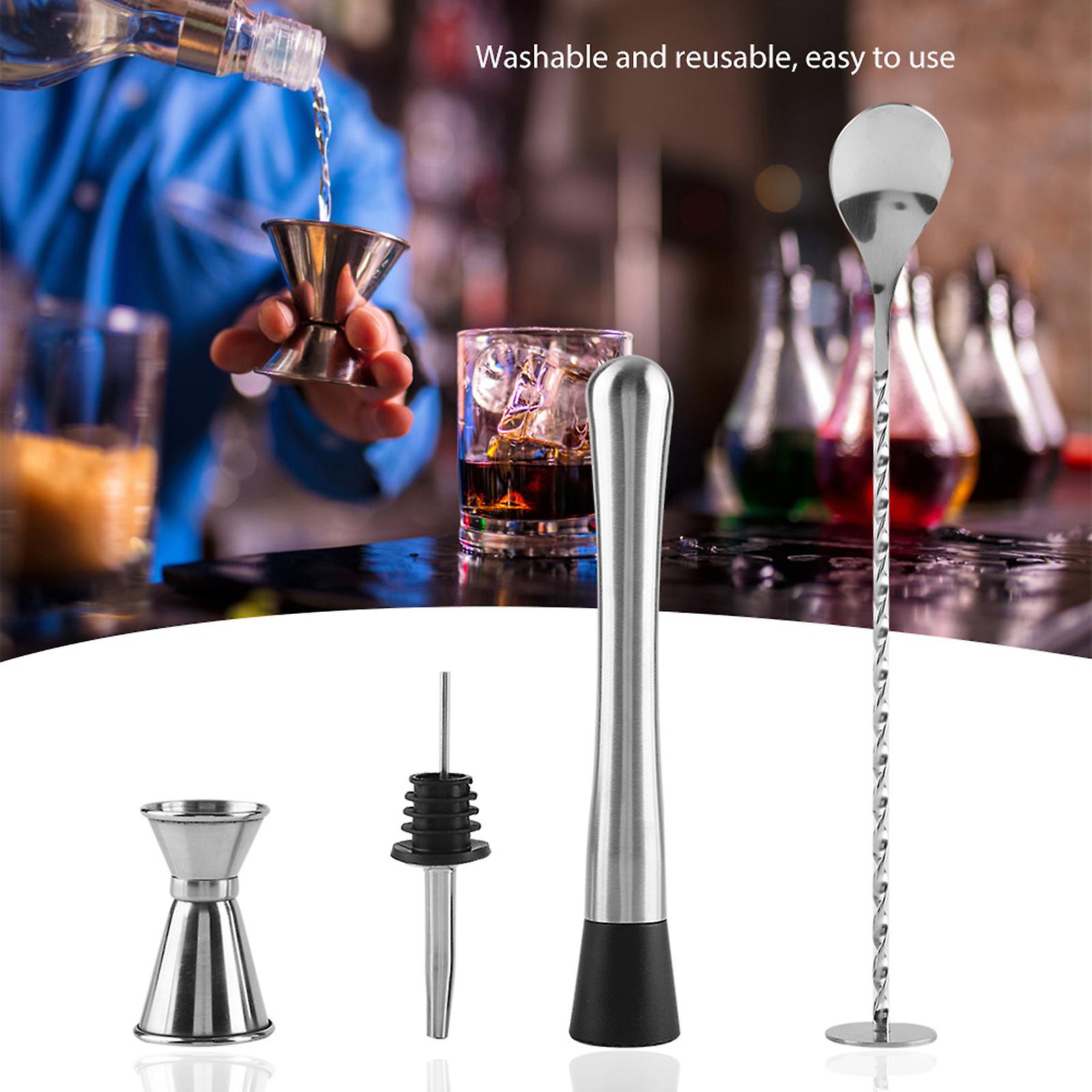 4pcs/ Set Durable Stainless Steel Drinking Cocktail Mixing Tool Set in Home Bar Party(A)