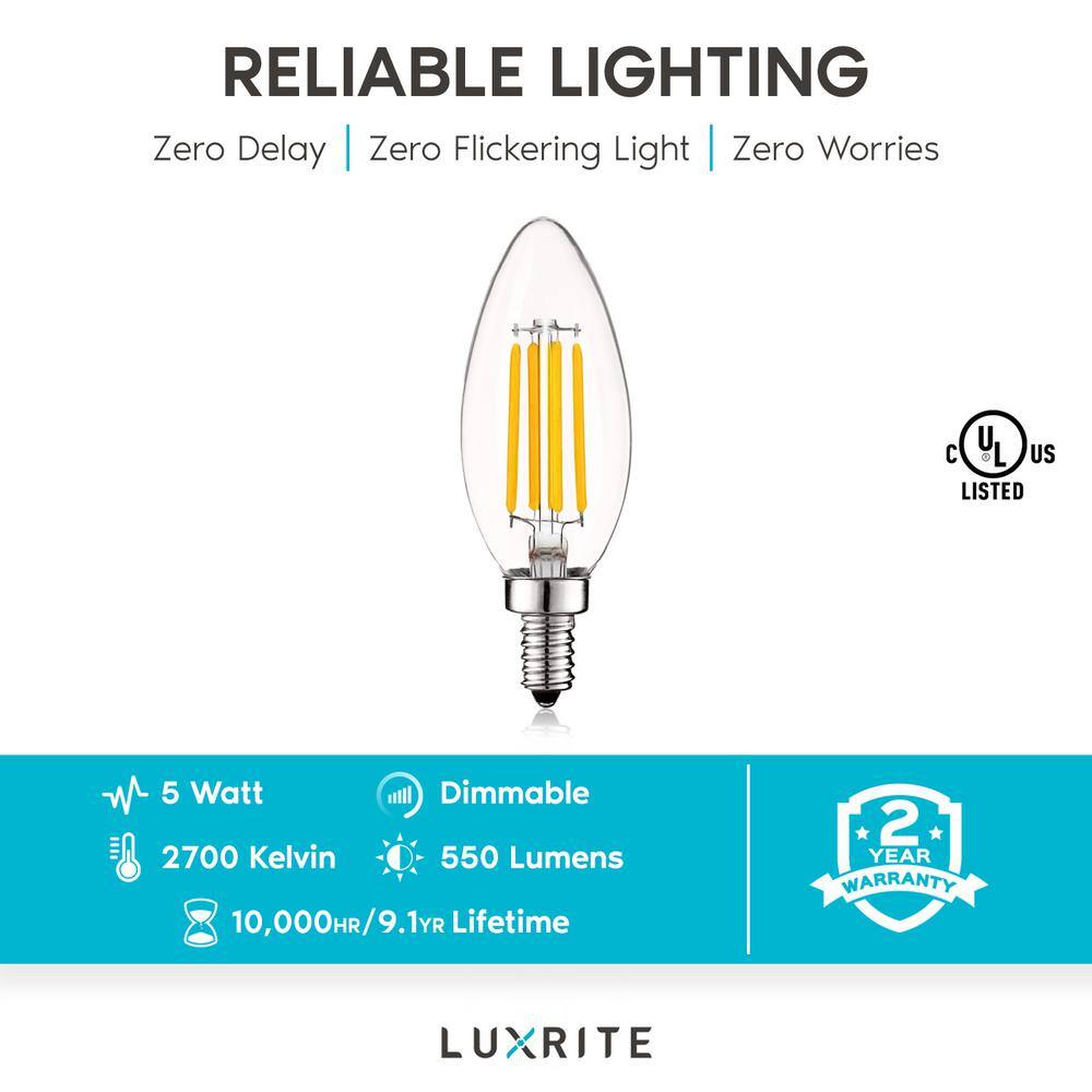 LUXRITE 60-Watt Equivalent B10 Dimmable LED Light Bulbs Clear Glass Filament 5000K Bright White (12-Pack) LR21598-12PK