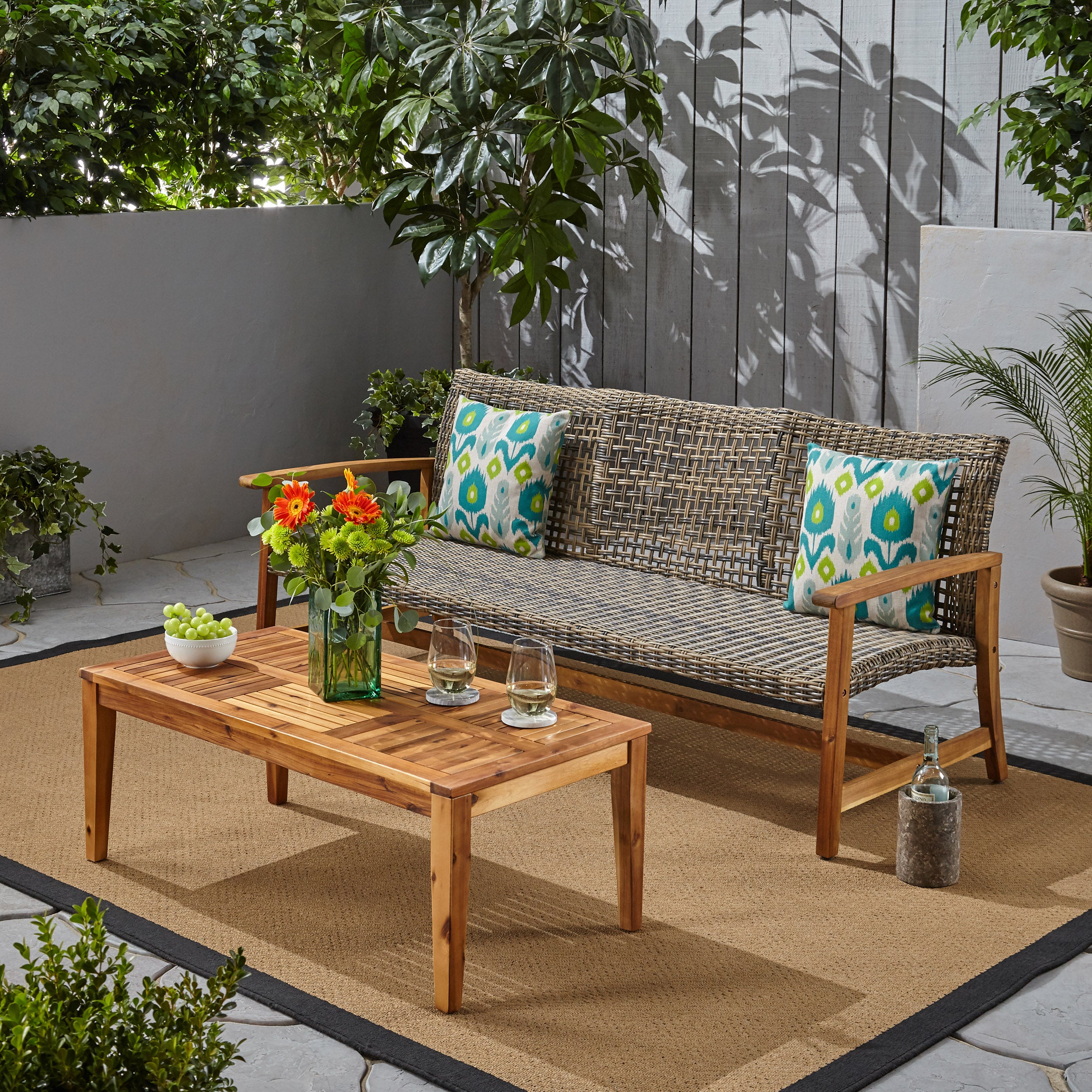 Beacher Belloc Outdoor Wood and Wicker Sofa and Coffee Table Set