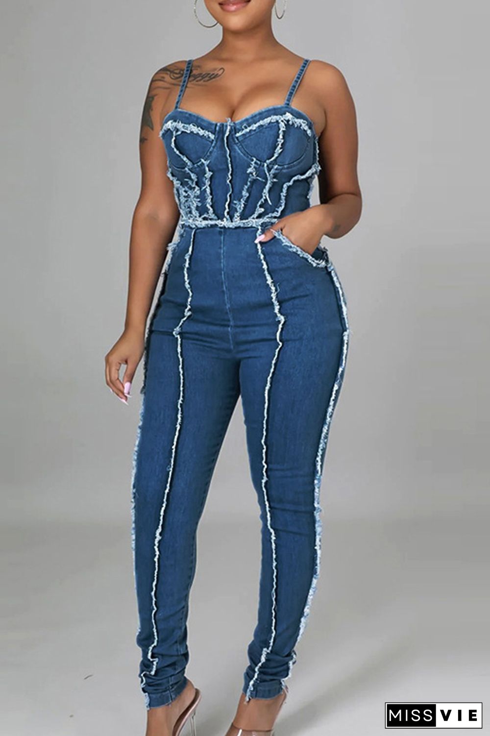 Blue Street Solid Tassel Patchwork Zipper Spaghetti Strap Skinny Jumpsuits