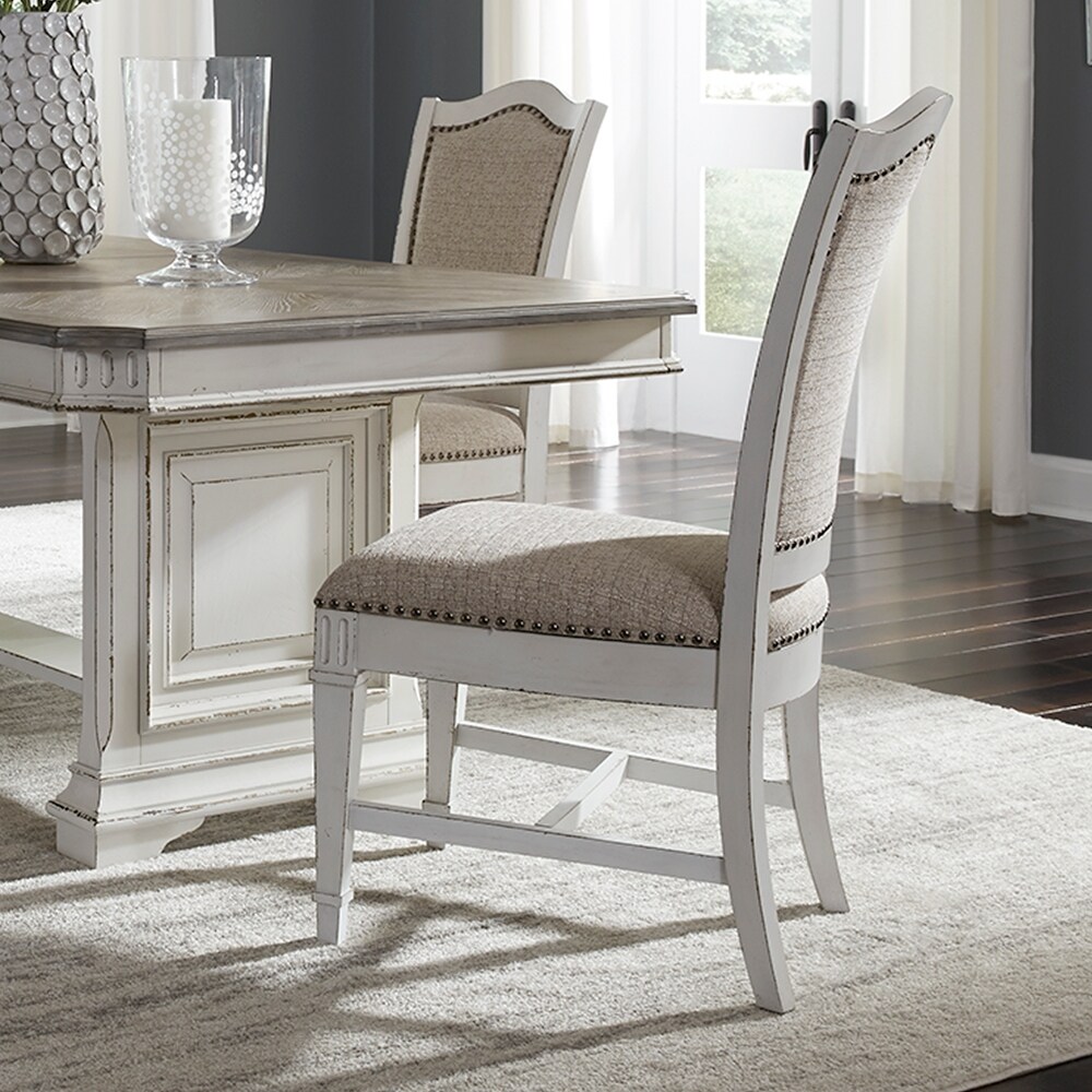 Abbey Park Weathered Brown   Antique White 5 Piece Trestle Table Set