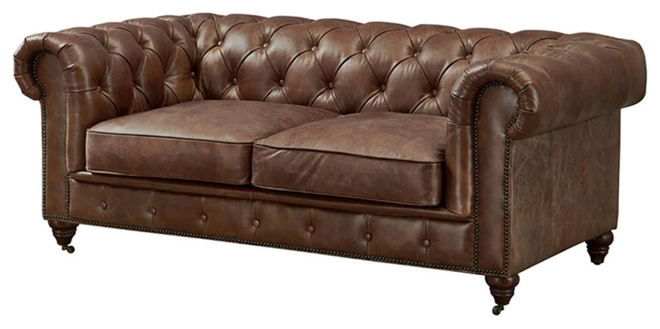 Century Top Grain Leather Chesterfield Love Seat  Bark Brown Leather   Traditional   Loveseats   by Homesquare  Houzz