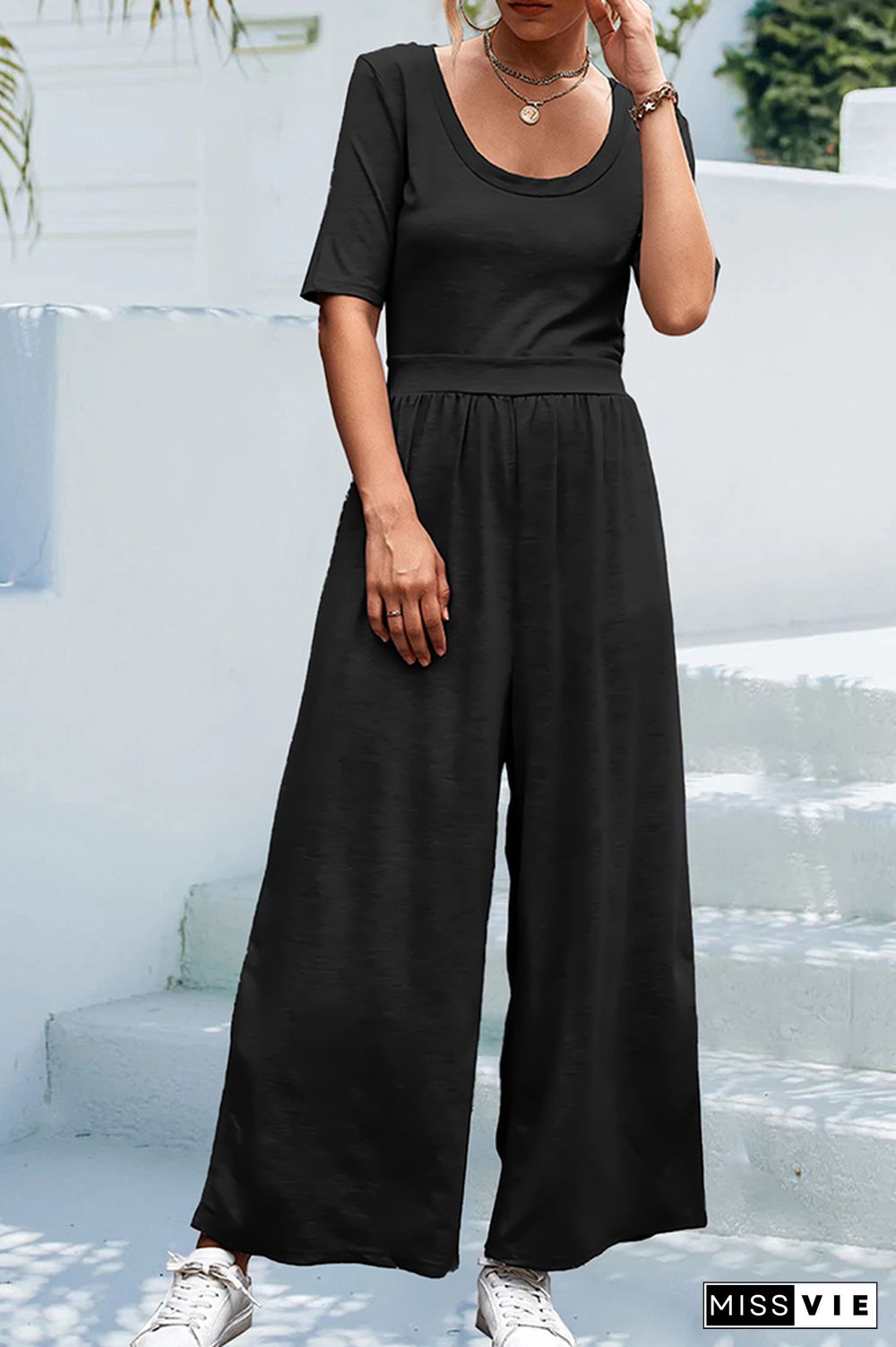 Plain U Neck High Waist Wide Leg Jumpsuit