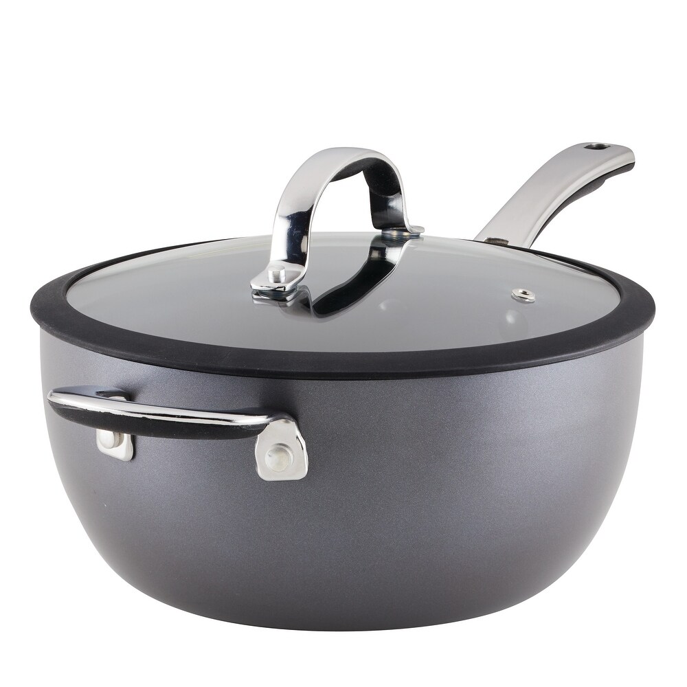 Rachael Ray Cook + Create Hard Anodized Nonstick Saucier Sauce Pan with Lid and Helper Handle  4.5 Quart  Black