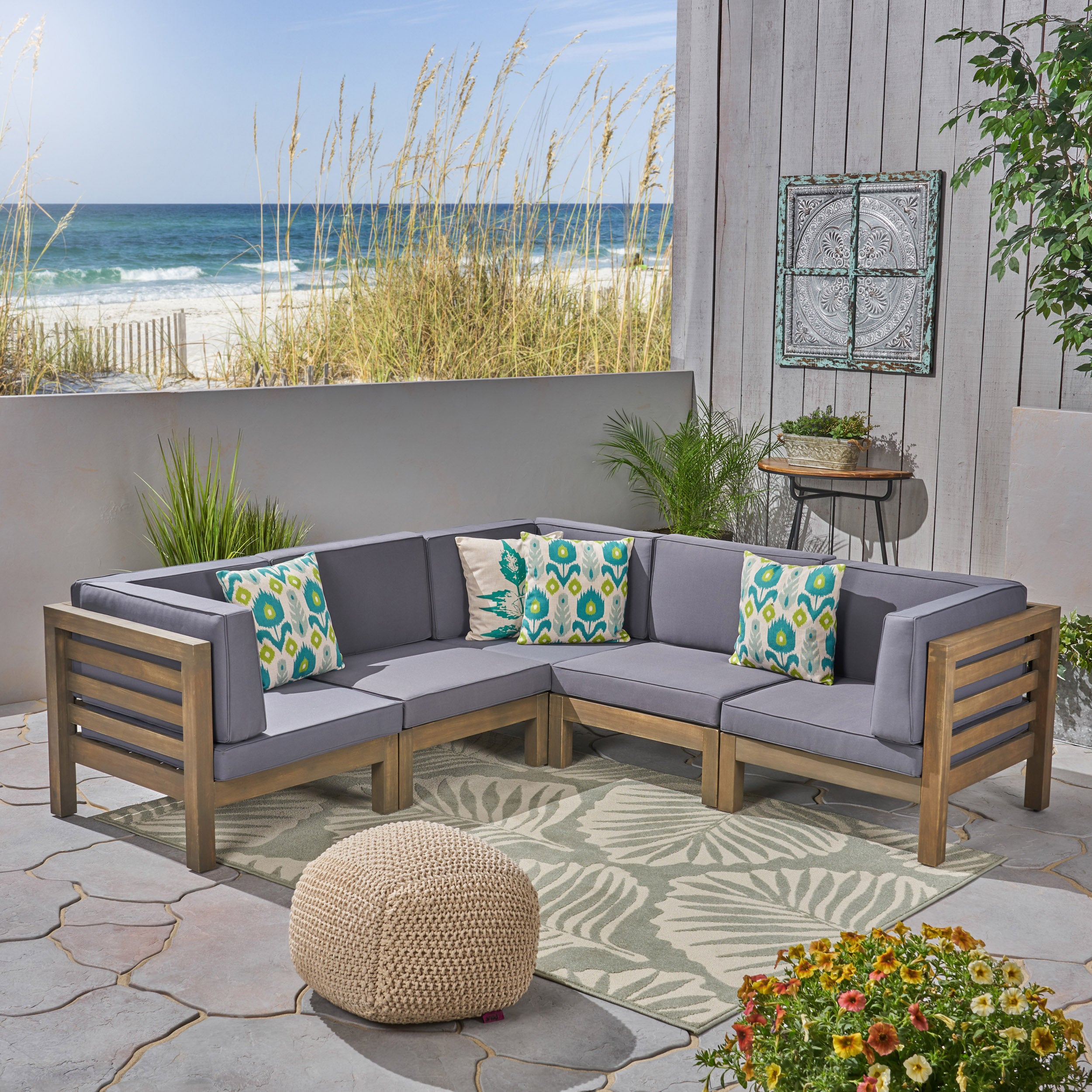 Dawson Outdoor V-Shaped Sectional Sofa Set - 5-Seater - Acacia Wood - Outdoor Cushions