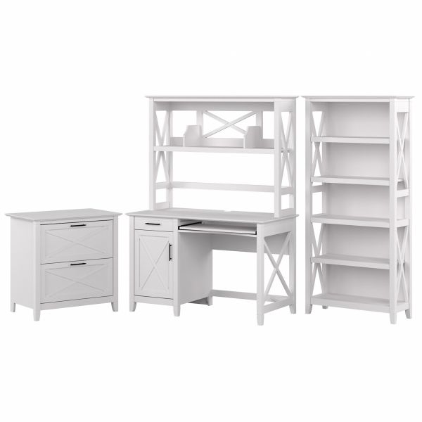 Bush Furniture Key West 48W Small Computer Desk with Hutch， Bookcase and Lateral File Cabinet in Pure White Oak