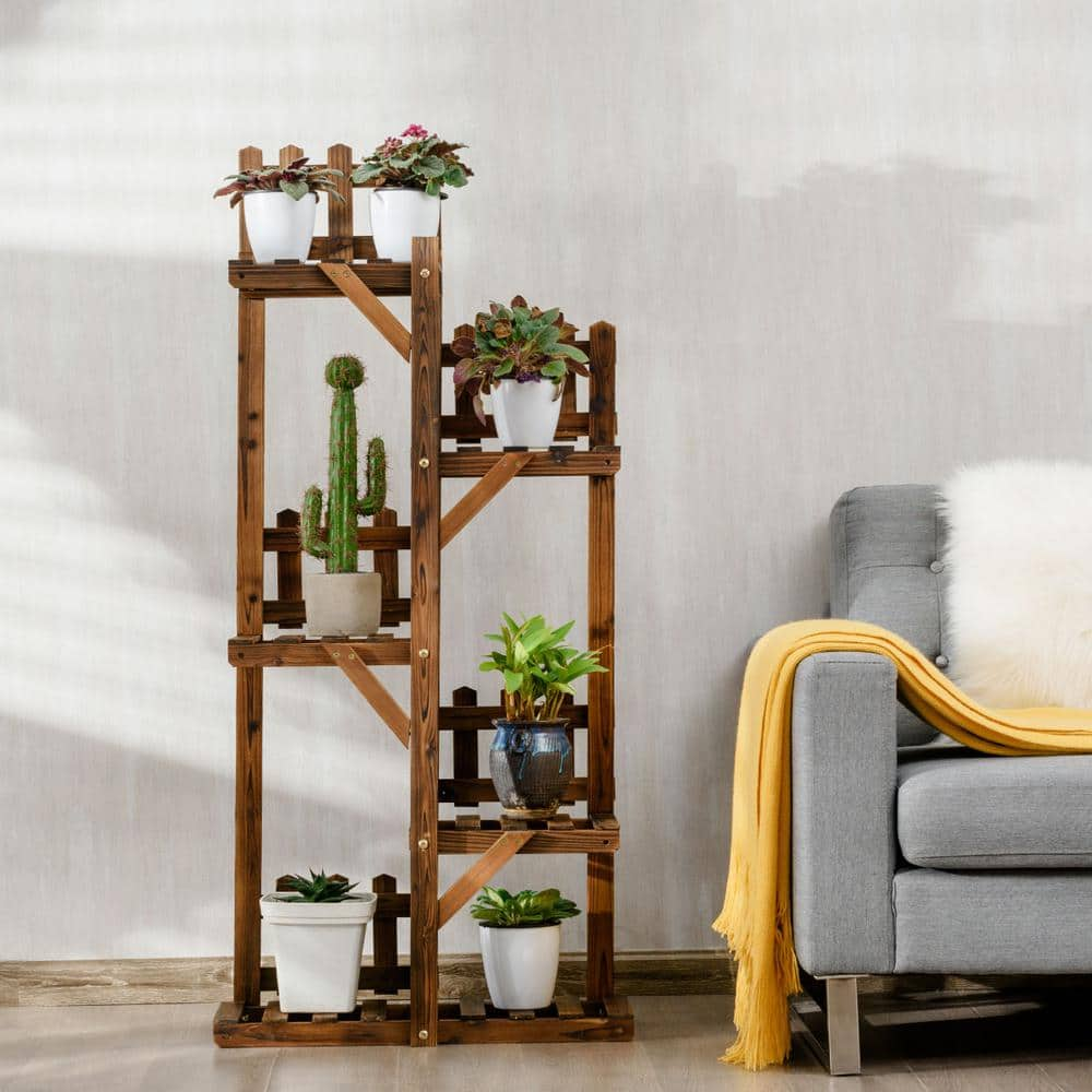 Costway 5-Tier Carbon Baking Wood Outdoor Plant Stands Multifunctional Storage Rack Display Shelf GT3435