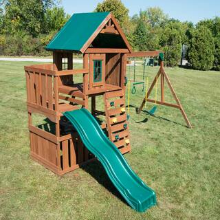 Swing-N-Slide Playsets Elkhorn Ready-To-Assemble Outdoor Wooden Playset with Slide Rock Wall Swings and Backyard Swing Set Accessories WS 8357