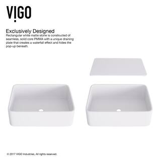 VIGO Jasmine Modern White Matte Stone 18 in. L x 15 in. W x 5 in. H Rectangular Vessel Bathroom Sink VG04013