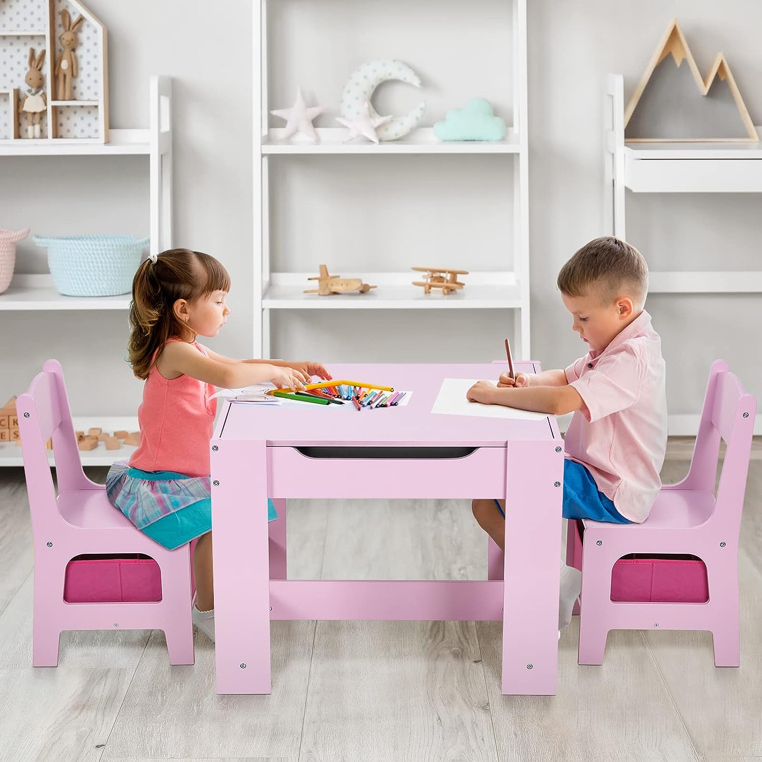 Kids Table and Chairs Set with Storage Drawers, Drawing Black Board Desk