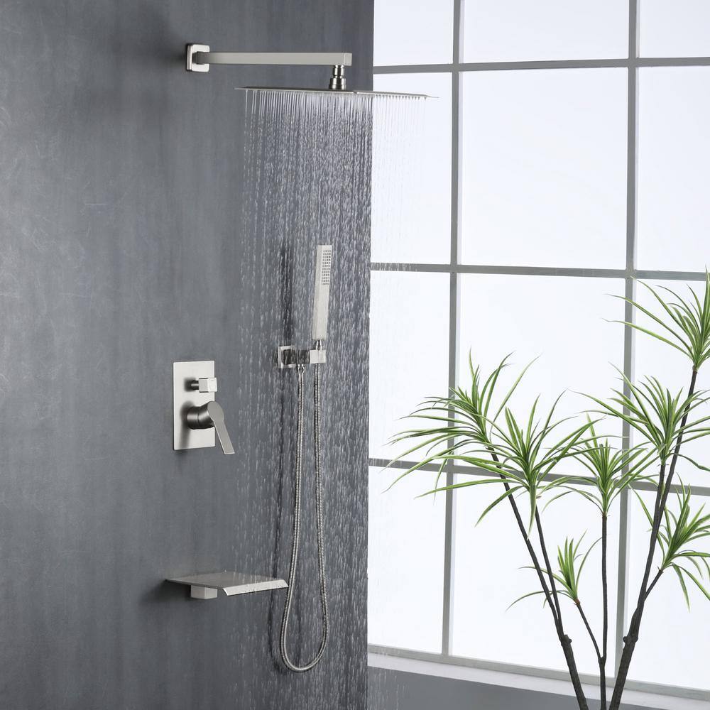 FLG Single-Handle 1-Spray Tub and Shower Faucet with Hand Shower and 12 in. Shower Head in Brushed Nickel (Valve Included) SS-0057-BN-12