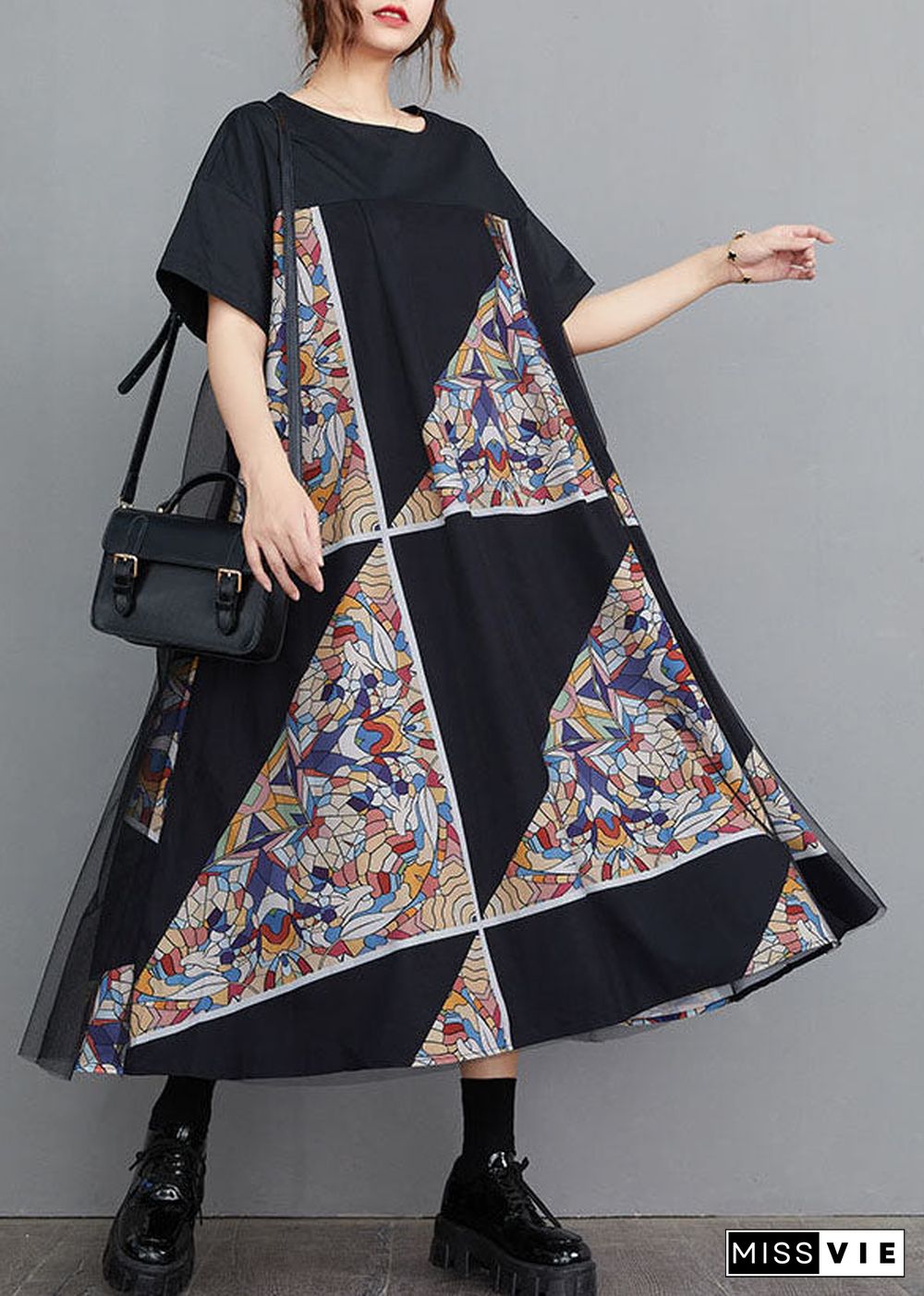 Modern Black O-Neck Tulle Patchwork Geometric Print Cotton A Line Dresses Short Sleeve