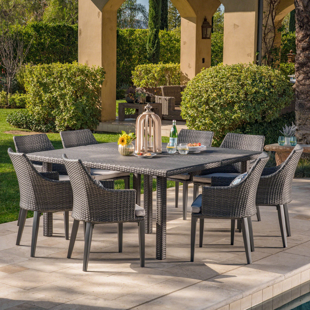 GDF Studio 9 Piece Belle Outdoor Wicker Dining Set With Cushions   Tropical   Outdoor Dining Sets   by GDFStudio  Houzz