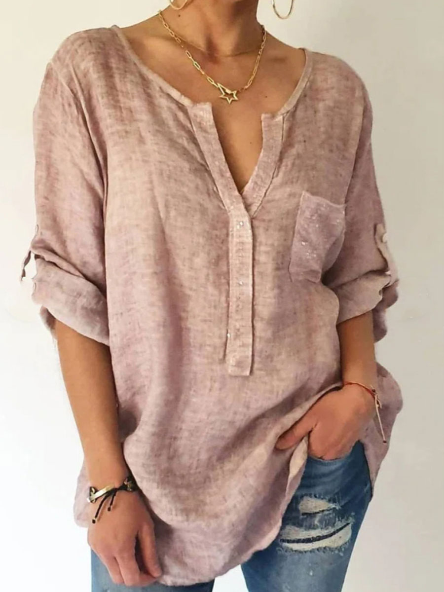 Round Neck Casual Loose Solid Color Long-sleeved Blouse