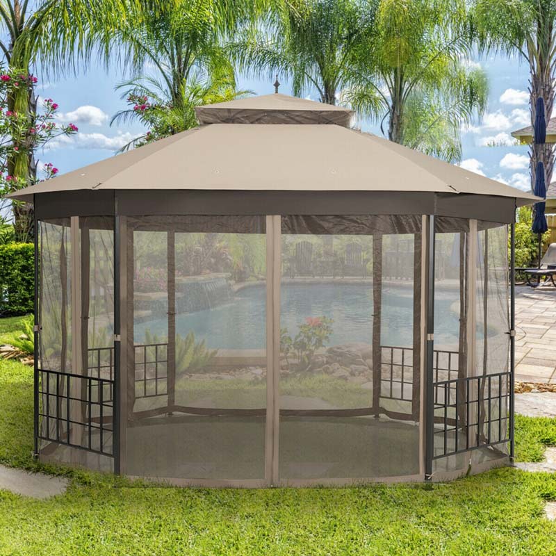 10 x 12 FT Heavy-Duty Octagonal Gazebo with Netting, Outdoor Patio Canopy Gazebo Tent for Event Party BBQ