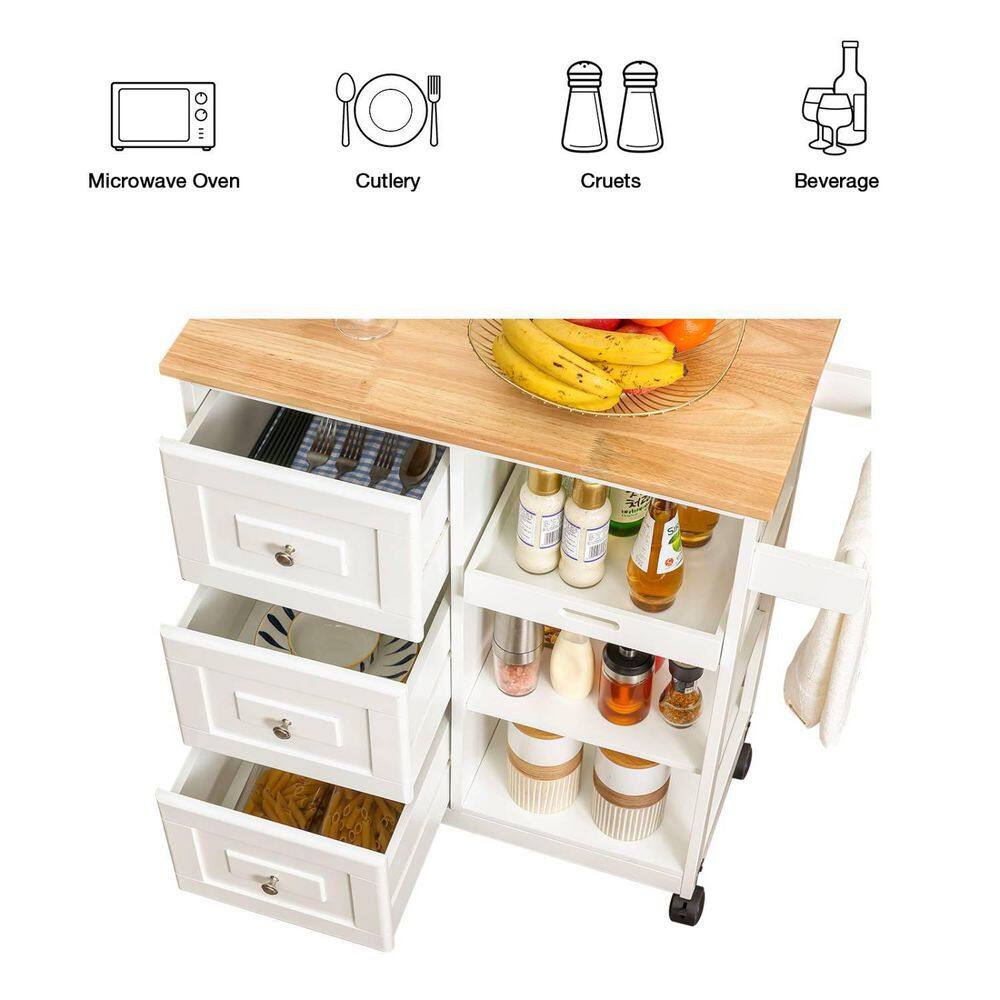 White Kitchen Islands with Storage Lockable Utility Kitchen Carts On Wheels with Countertop Drawer Open Shelves 1009-KITCH-WHIT