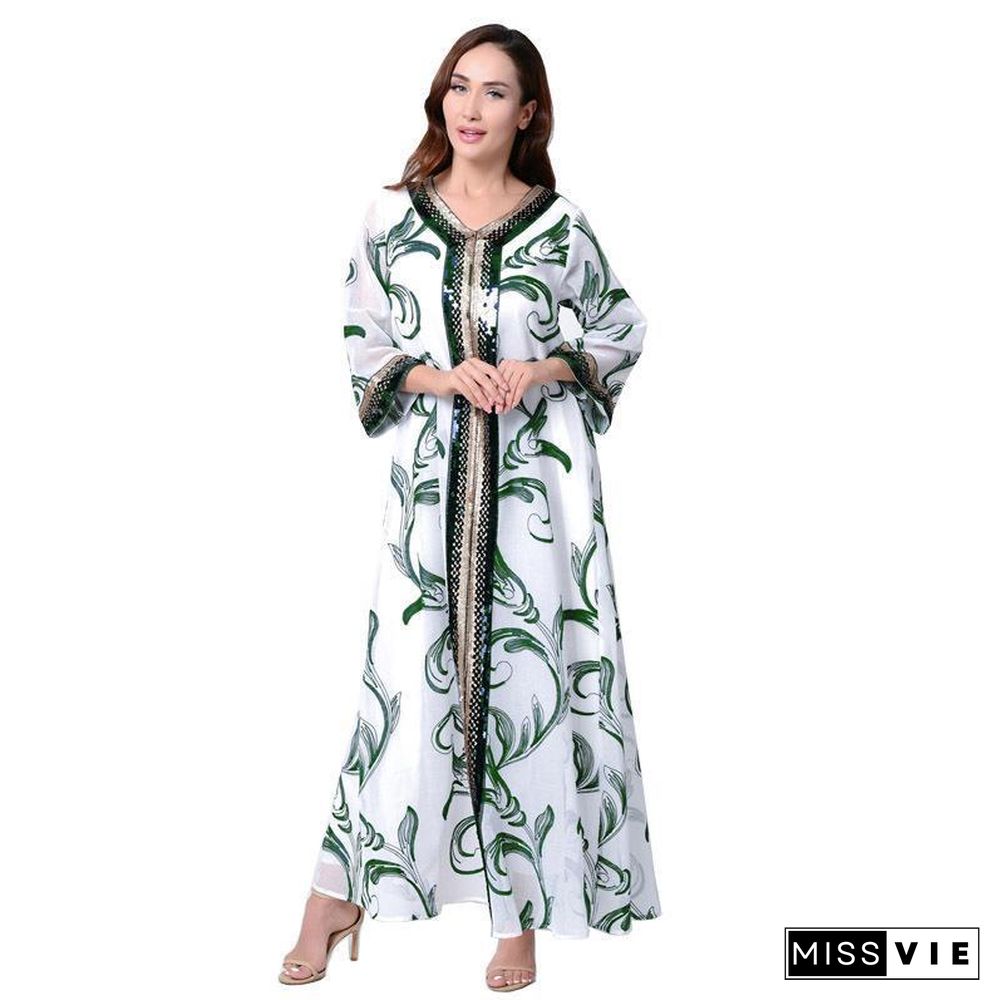 V Neck Long Sleeve Printed Straight Dress