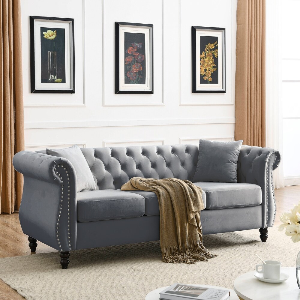 Velvet Upholstered Chesterfield Sofa Set Ergonomic Nailheads Couches Set with Removable Cushions for Livingroom