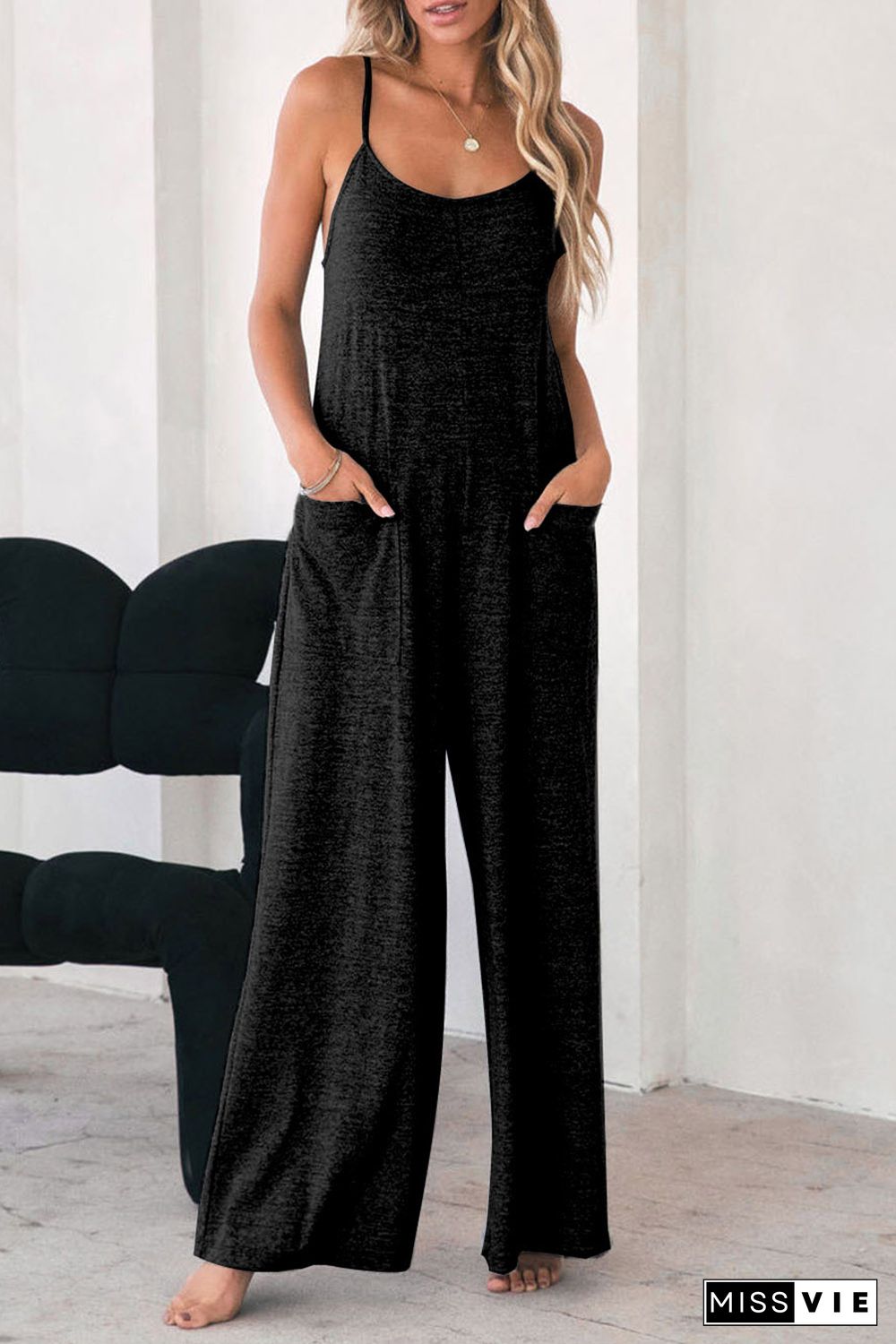 Black Loose Fit Side Pockets Spaghetti Strap Wide Leg Jumpsuit