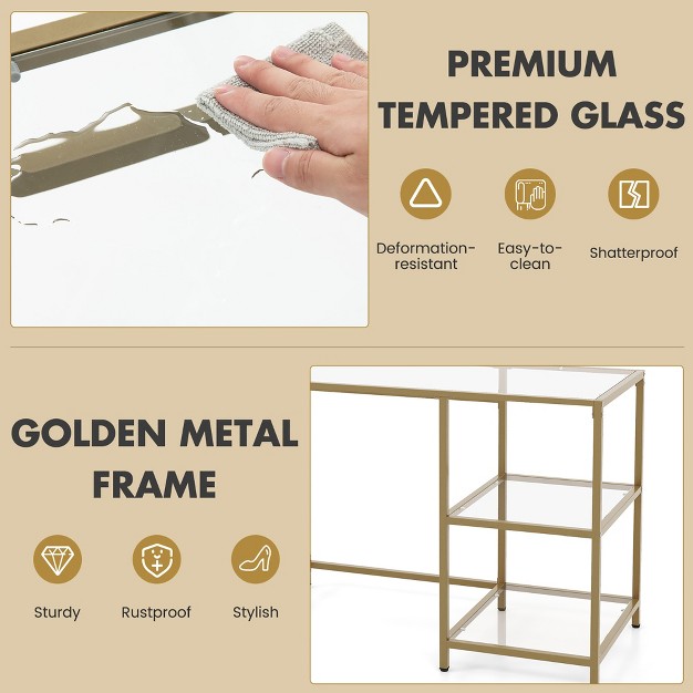 Costway 42 modern Console Table Tempered Glass Entryway Table With 2 Open Shelves amp Metal Frame Gold