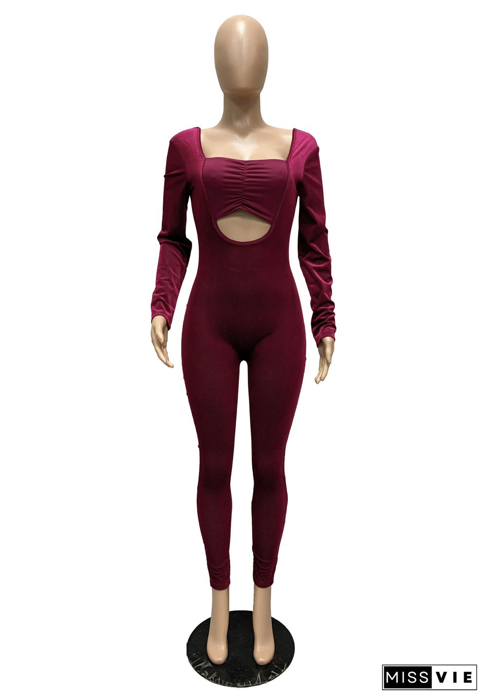 Knitted Velvet Stitched Hollowed-out Long Sleeve Jumpsuit