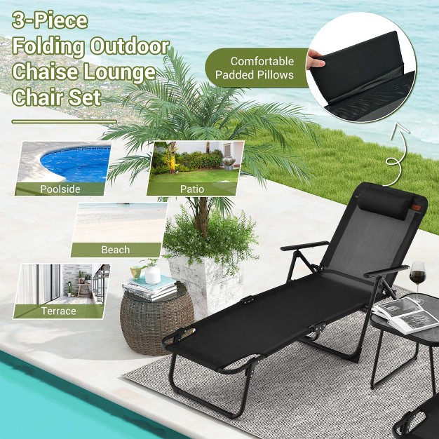 Costway 3pcs Patio Folding Chaise Lounge Chair Pvc Tabletop Set Outdoor Portable Beach