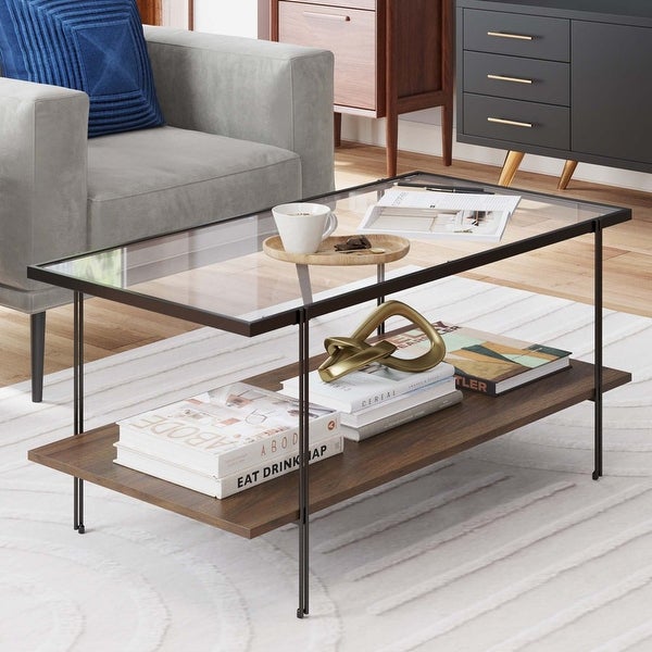 Asher Mid-Century Rectangle Coffee Table with Glass Top and Walnut Floating Shelf Black Metal Legs