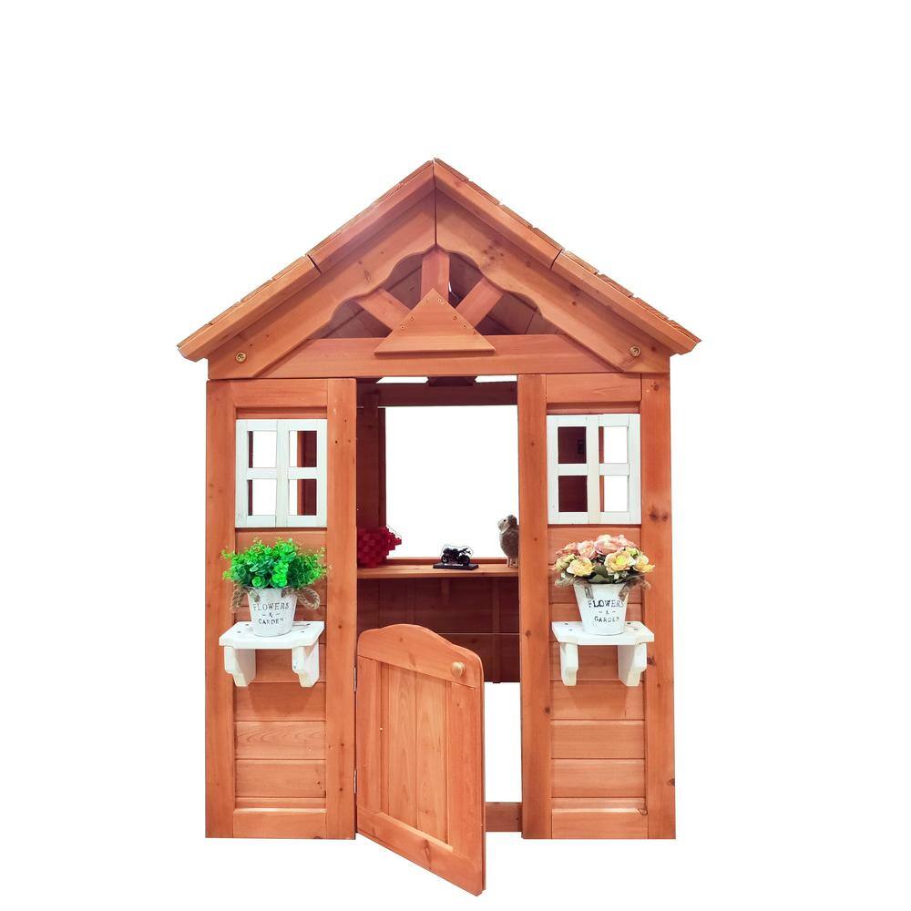 Siavonce All Wooden Kids Playhouse with 2 windows and flowerpot holder 42Lx46Wx55H Golden Red DJ-ZX-W155966852