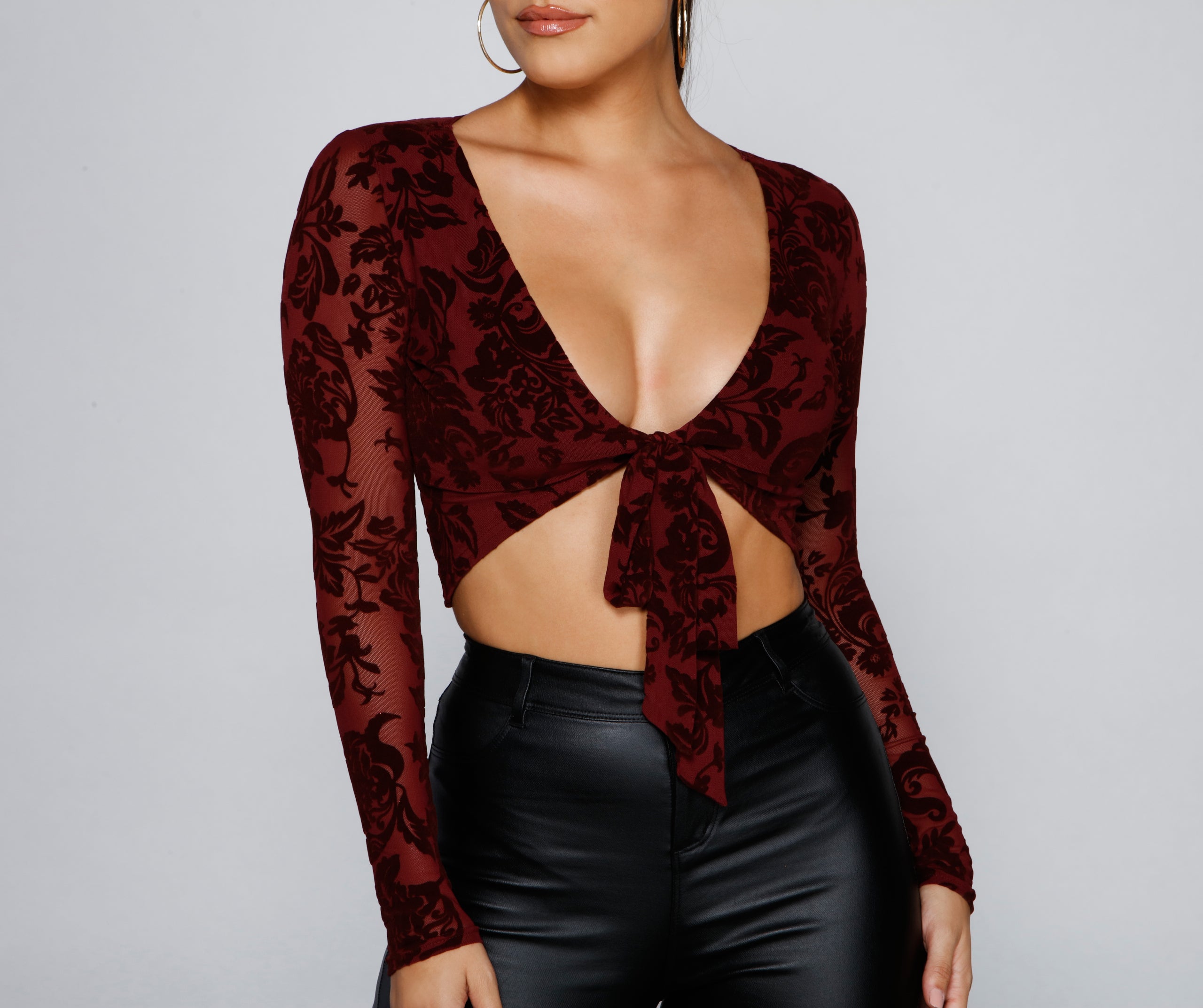 Fancy Me Velvet Burnout Tie-Front Top