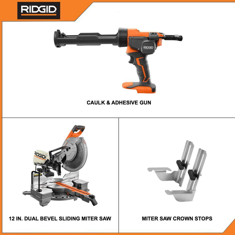 RIDGID 15 Amp Corded 12 in. Dual Bevel Sliding Miter Saw with 18V Cordless 10 oz. Caulk Gun and Adhesive Gun R4222-R84044B