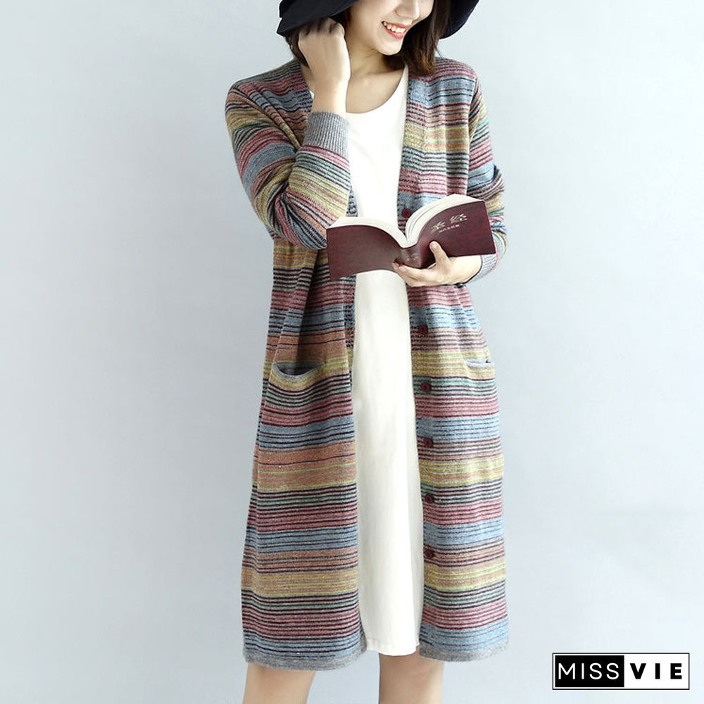 Warm casual knit outwear rainbow baggy loose long sleeve mid sweater cardigans