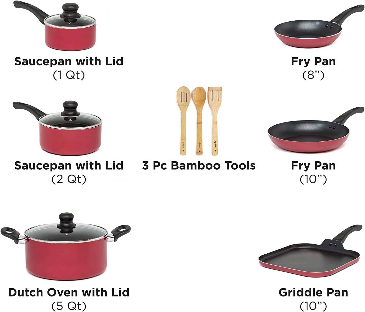 Nonstick Cookware Set, Features Kitchen Essentials, Bamboo Cooking Utensils Set, Vented Glass Lids, Ergonomic Grip Handles, Made without PFOA, Dishwasher Safe, 20-Piece, Red