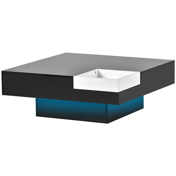 Square Coffee Table with Detachable Tray and Plug-in 16-color LED Strip Lights Remote Control Sofa Table for Living Room