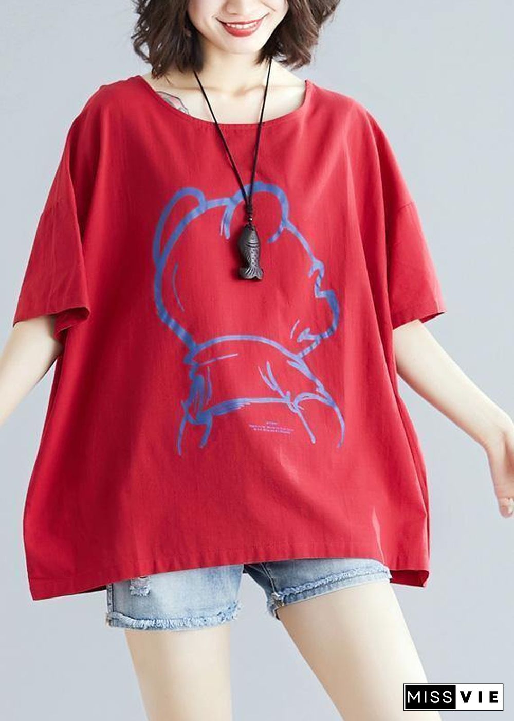 DIY Cartoon print cotton linen tops women Outfits red o neck blouses summer